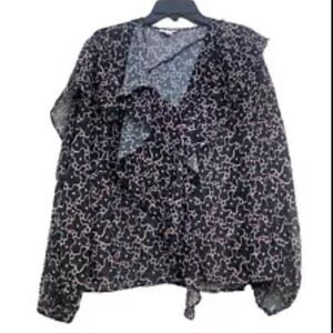 Top Shop Black Red Stars Sheer Pleated Blouse Womens Top US 8 Medium NEW